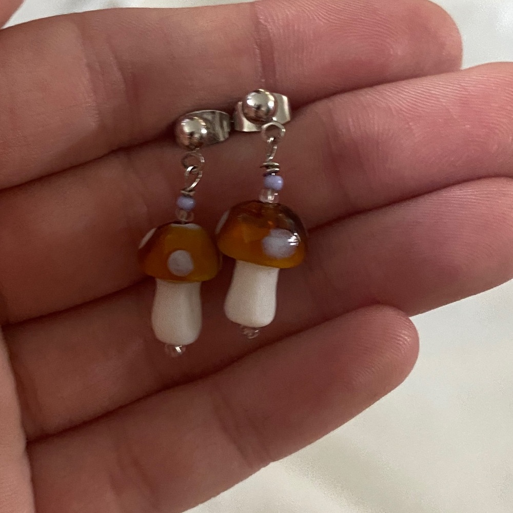 Handmade Glass Mini Mushroom Earrings - Picture 3 of 3
